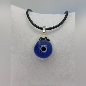 Artisan Handmade evil eye drop pendant necklace on black faux leather chain